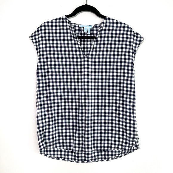 DRAPER JAMES Gingham Split Neck Cotton Top in Nassau Navy size Small - Picture 1 of 12